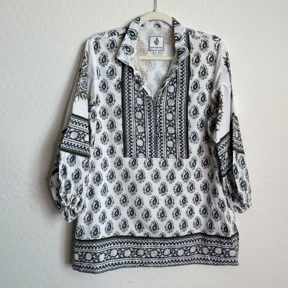 Sue Sartor Womens Cotton Block Print Paisley Tunic Top Boho Size M Coastal